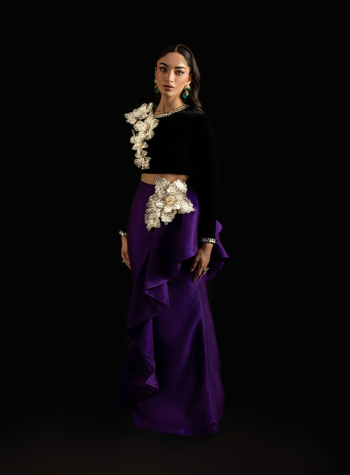 Black Velvet 3D Crystal Floral Embellished Choli with Purple Raw silk Ruffled Skirt