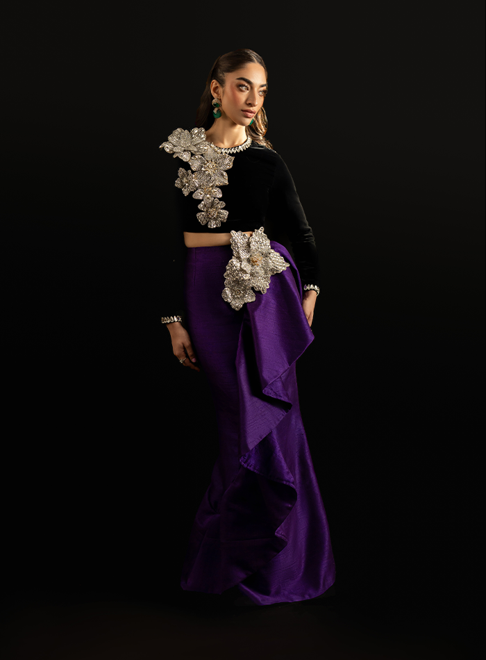 Black Velvet 3D Crystal Floral Embellished Choli with Purple Raw silk Ruffled Skirt