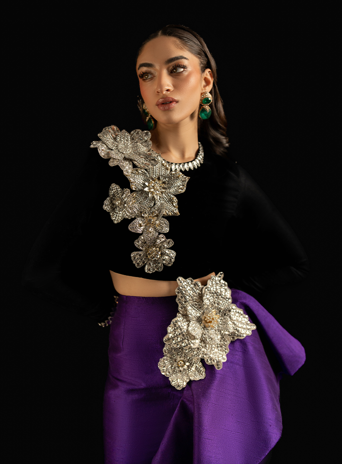 Black Velvet 3D Crystal Floral Embellished Choli with Purple Raw silk Ruffled Skirt