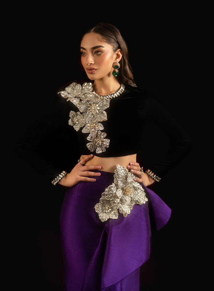 Black Velvet 3D Crystal Floral Embellished Choli with Purple Raw silk Ruffled Skirt