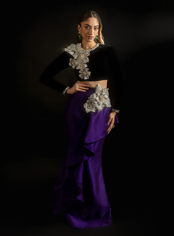 Black Velvet 3D Crystal Floral Embellished Choli with Purple Raw silk Ruffled Skirt