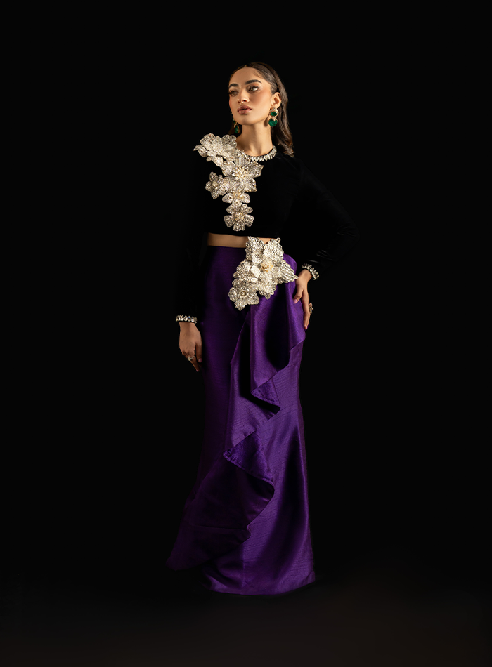 Black Velvet 3D Crystal Floral Embellished Choli with Purple Raw silk Ruffled Skirt