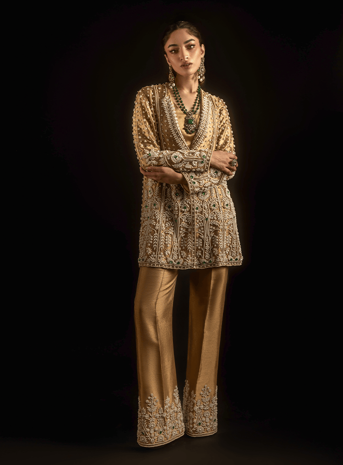 Gold Lamé Pearl and Emerald Stones Embellished Jacket with Embellished Pants