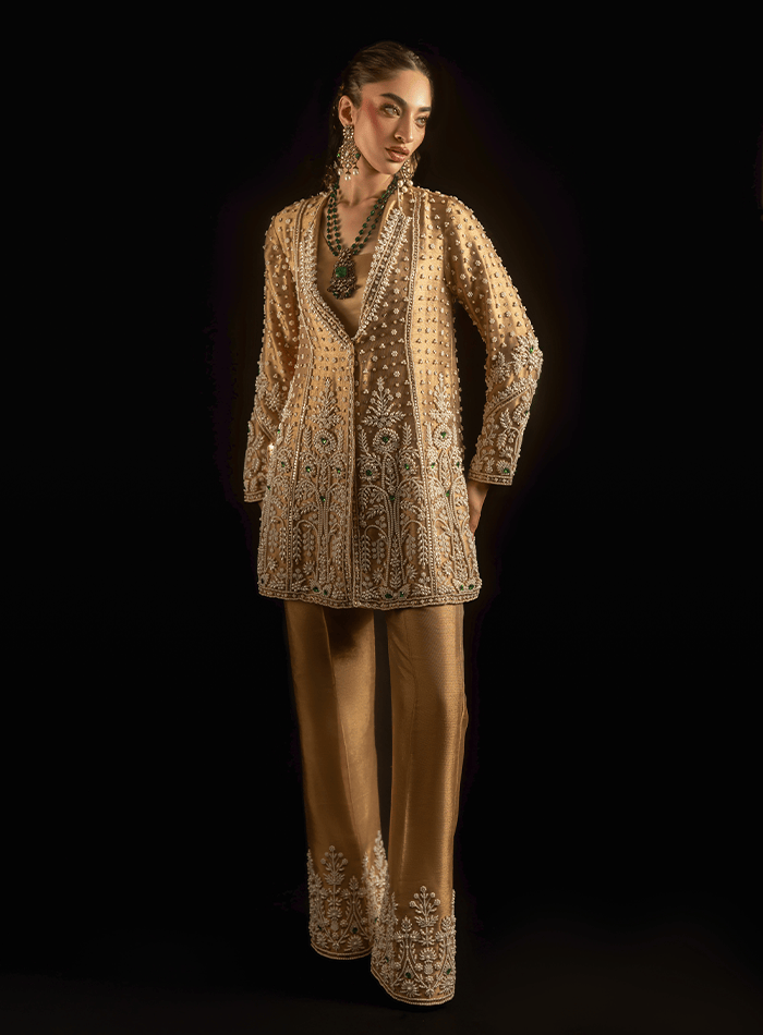 Gold Lamé Pearl and Emerald Stones Embellished Jacket with Embellished Pants