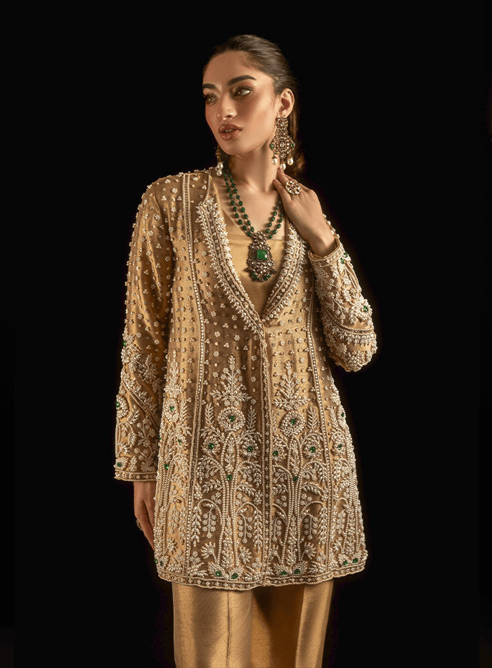 Gold Lamé Pearl and Emerald Stones Embellished Jacket with Embellished Pants