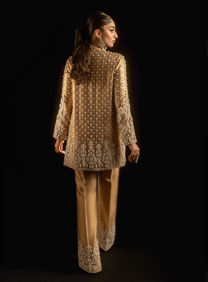 Gold Lamé Pearl and Emerald Stones Embellished Jacket with Embellished Pants