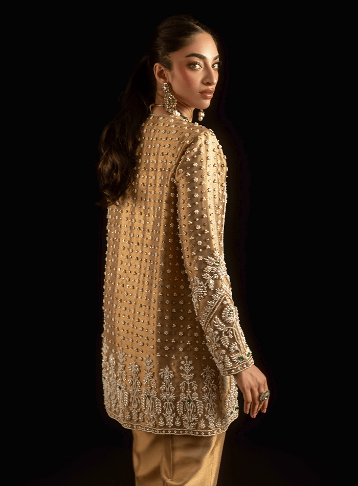 Gold Lamé Pearl and Emerald Stones Embellished Jacket with Embellished Pants