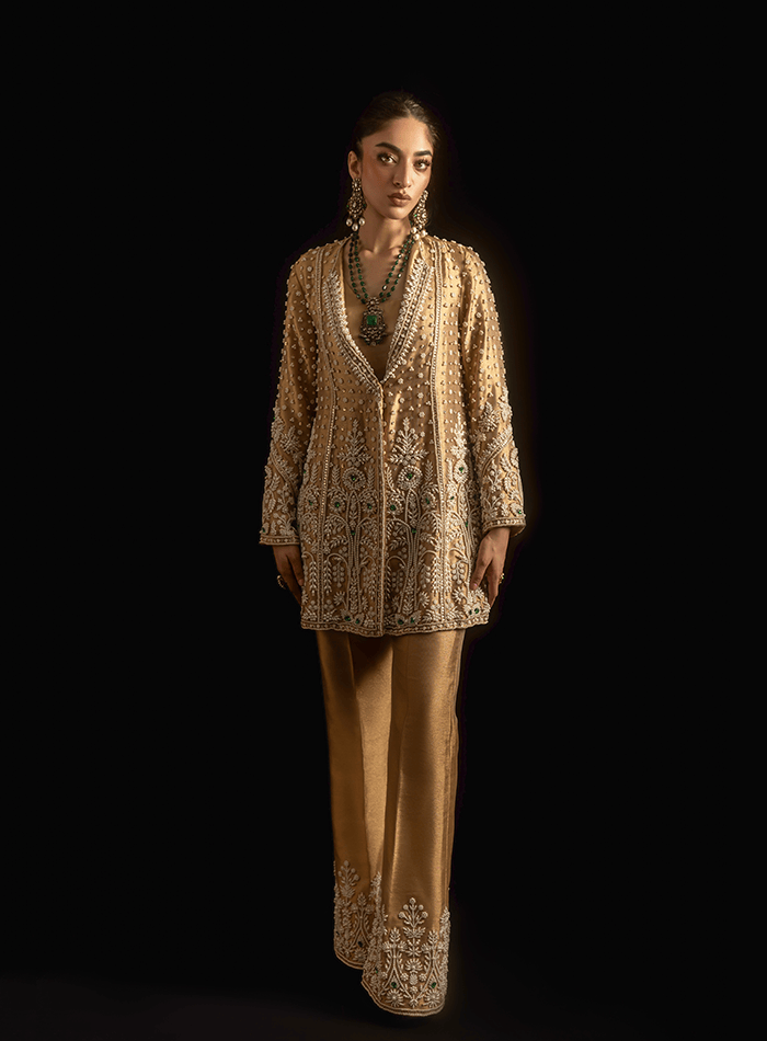 Gold Lamé Pearl and Emerald Stones Embellished Jacket with Embellished Pants