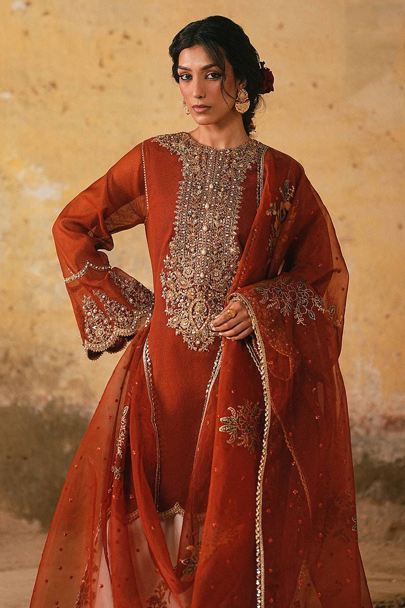 Mohsin Naveed Ranjha Shabnam-e-Bahar Style – Rust Orange Suit