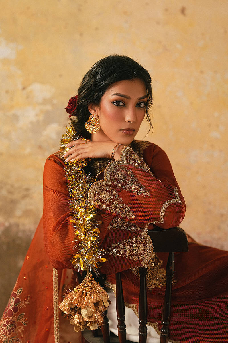 Mohsin Naveed Ranjha Shabnam-e-Bahar Style – Rust Orange Suit