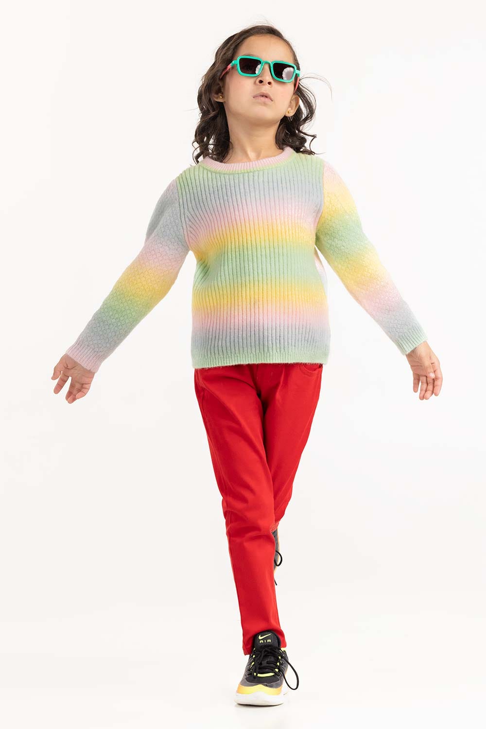 Toddler Girl Multi-Colored Knit Sweater With Crew Neck