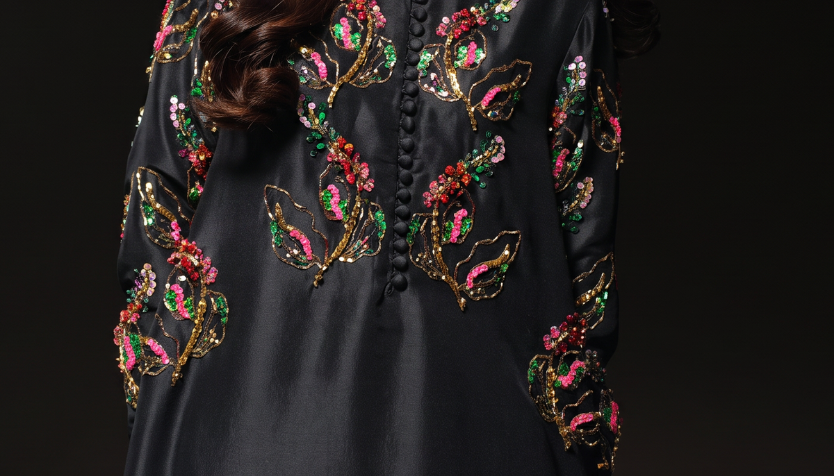 Muse Luxe – Black Crystal & Sequin Silk Maxi Style