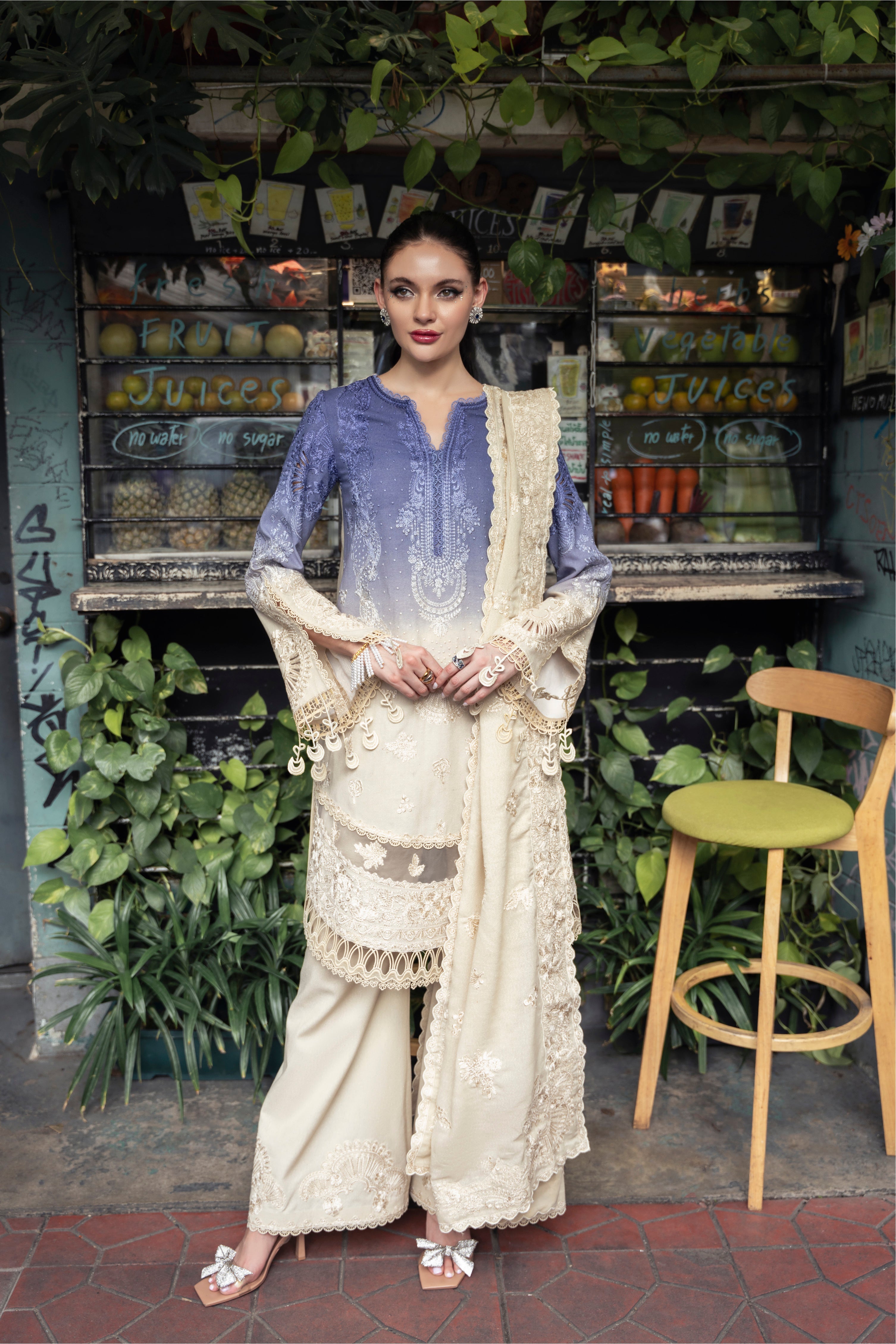 Pakistani designer karandi outfit Belle in lavender ivory blend - Mysie By Tahira