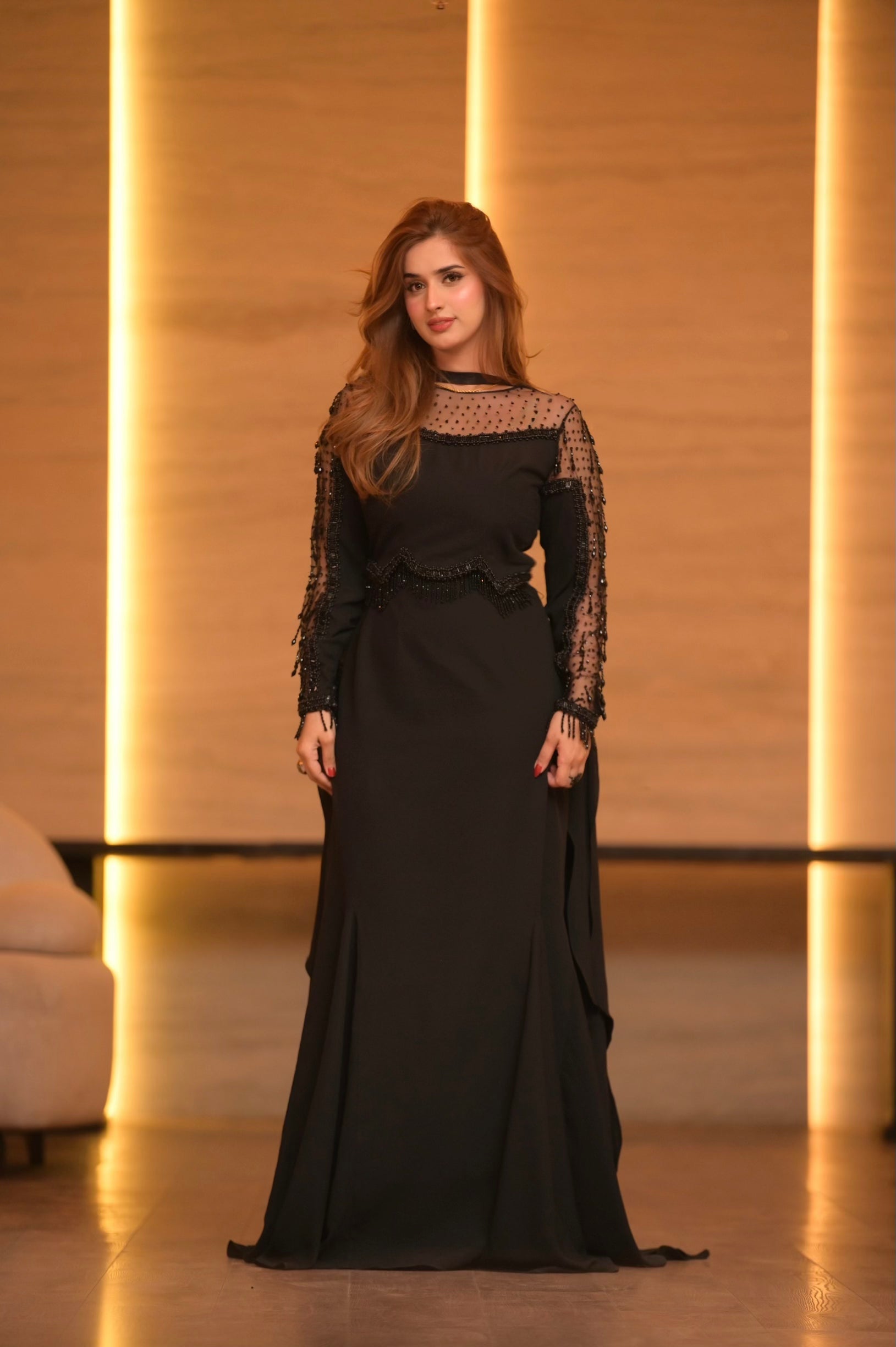 Elegant black festive wear dress in grip fabric, Mysie by Tahira