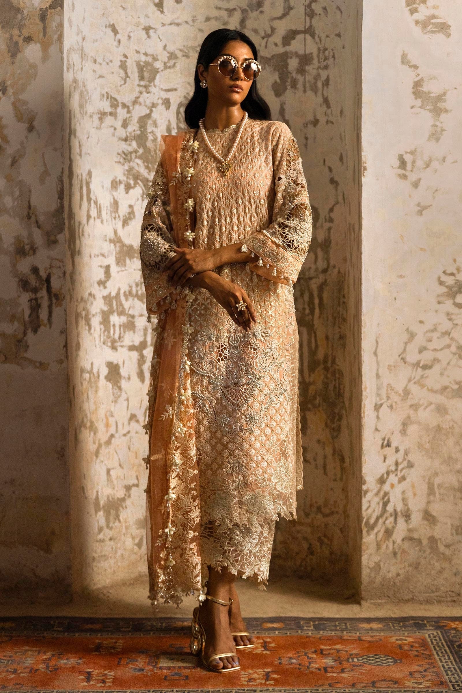 Stitched Peach Embroidered Shirt + Culotte + Dupatta