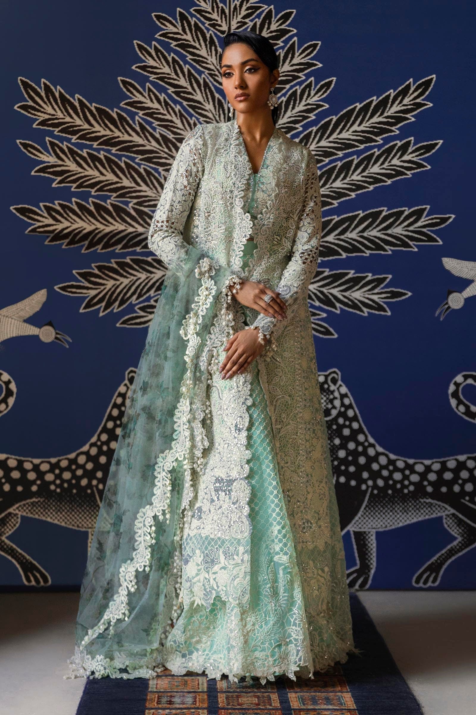 Stitched Sea Green Embroidered Shirt + Gharara + Dupatta