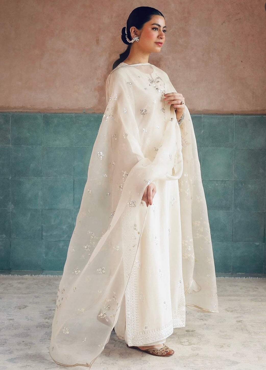 Noor-e-Eid Ivory Dress | Sequin Lace Trouser Festive Suit