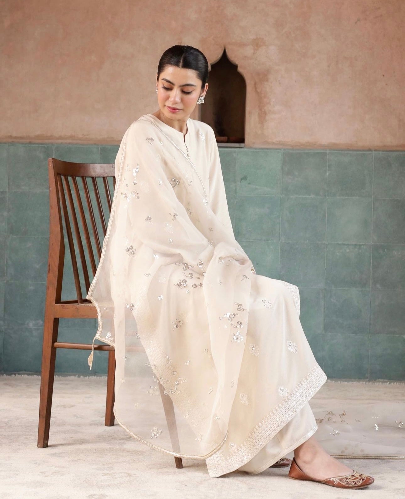 Noor-e-Eid Ivory Dress | Sequin Lace Trouser Festive Suit