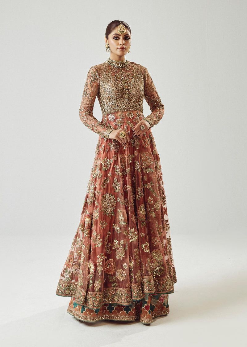 Saaz Style — Mairaz Rose Gold Net Pishwas & Sharara
