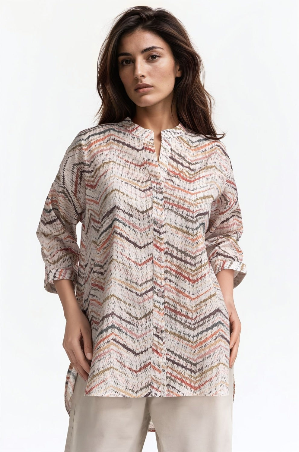Printed-Ban-Collar Button Down Shirt