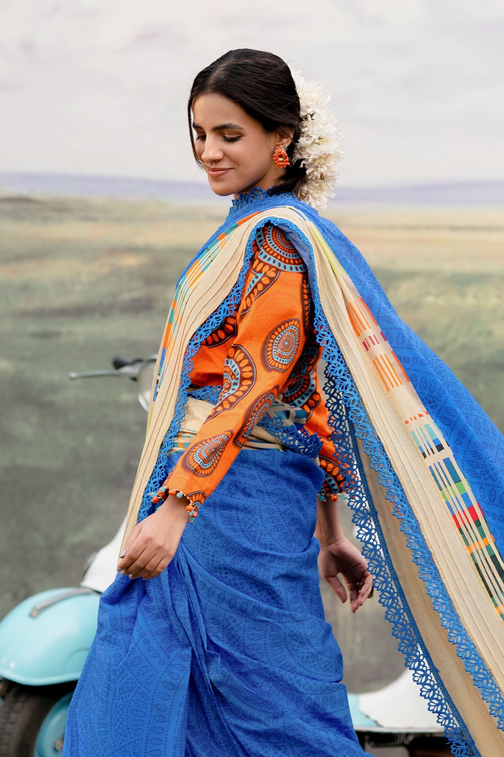 3 Piece Unstitched Denting Lawn Saree