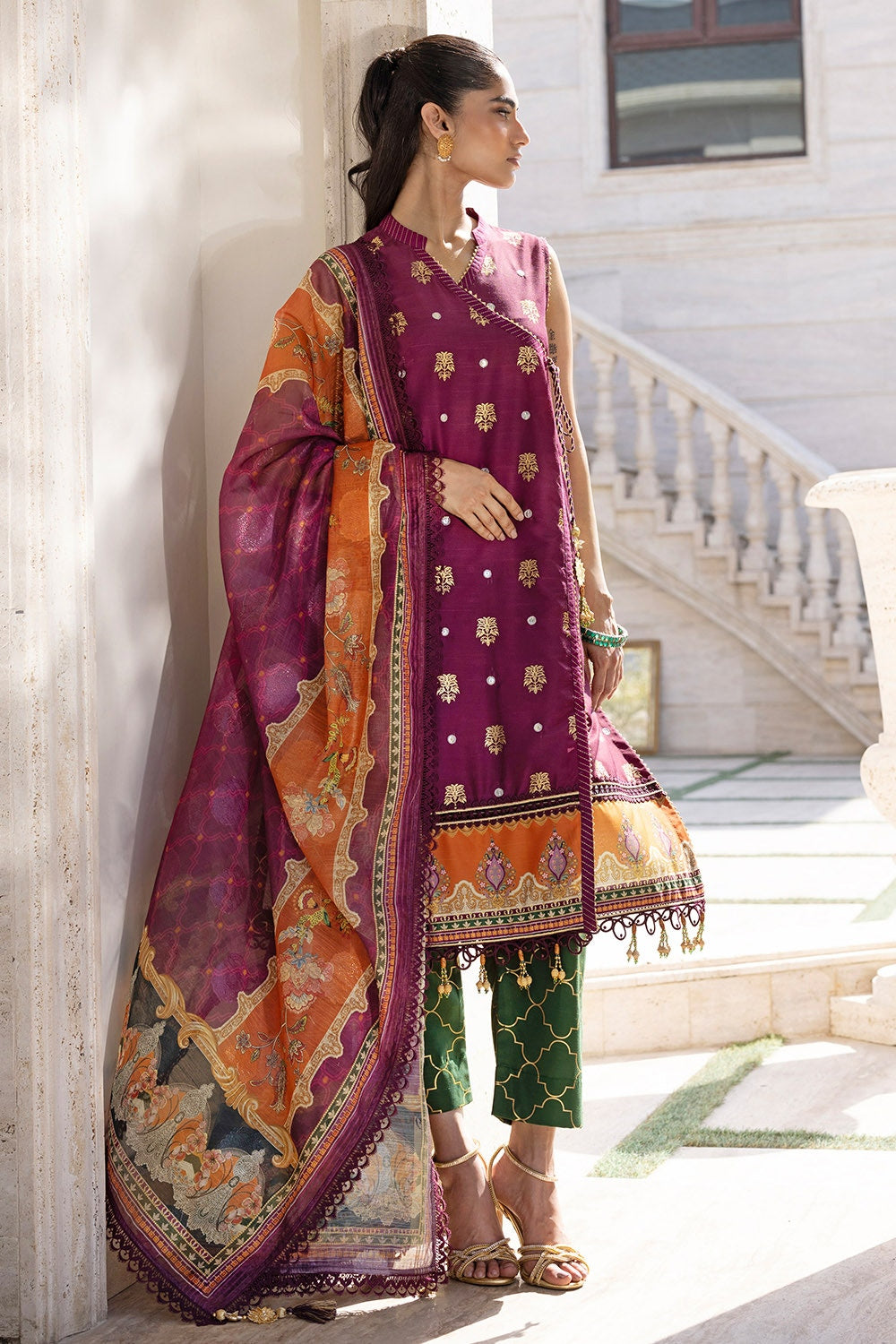 3 Piece Unstitched Embroidered Raw Silk Suit with Paper Cotton Jacquard Dupatta