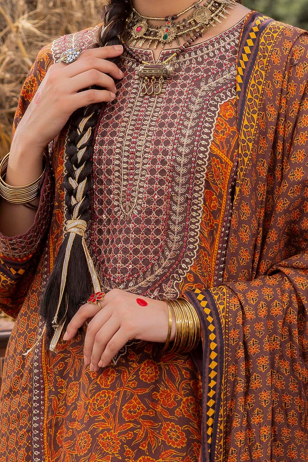 3 Piece Unstitched Embroidered Raw Silk Printed Suit