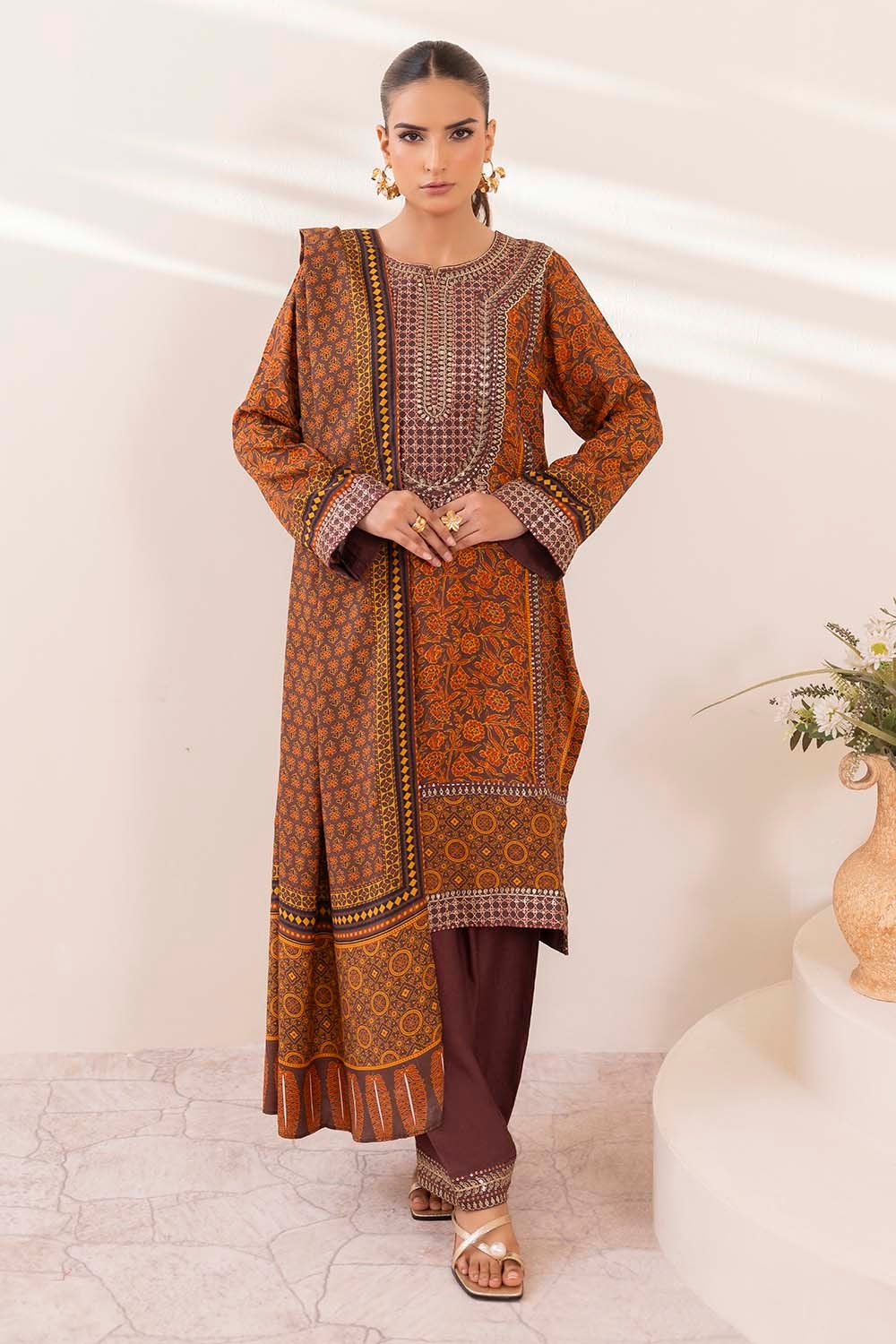 3 Piece Unstitched Embroidered Raw Silk Printed Suit