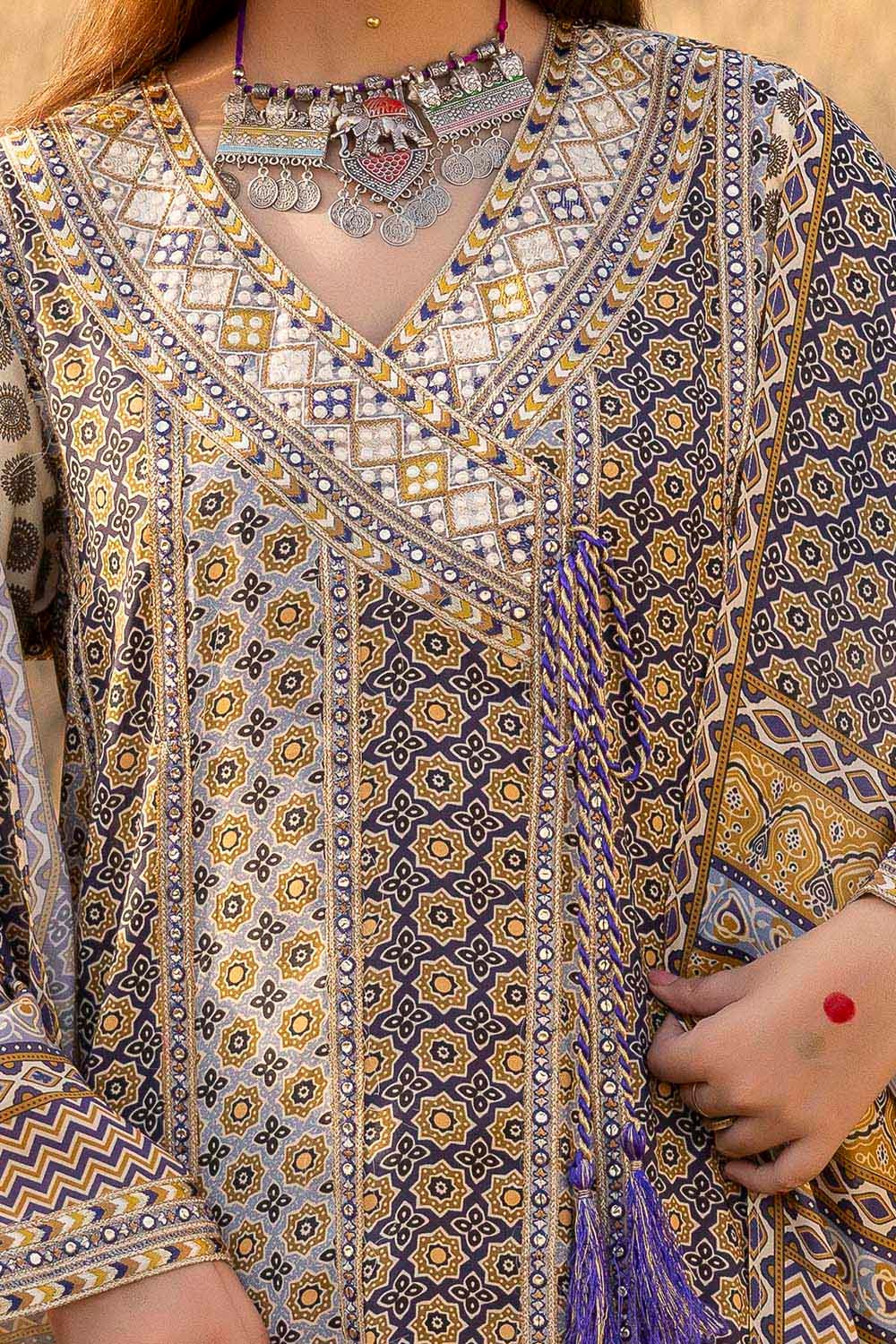 3 Piece Unstitched Embroidered Raw Silk Printed Suit