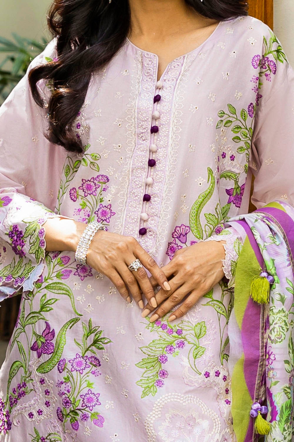 3 Piece Unstitched Embroidered Lawn Suit with Printed Tussar Silk Dupatta