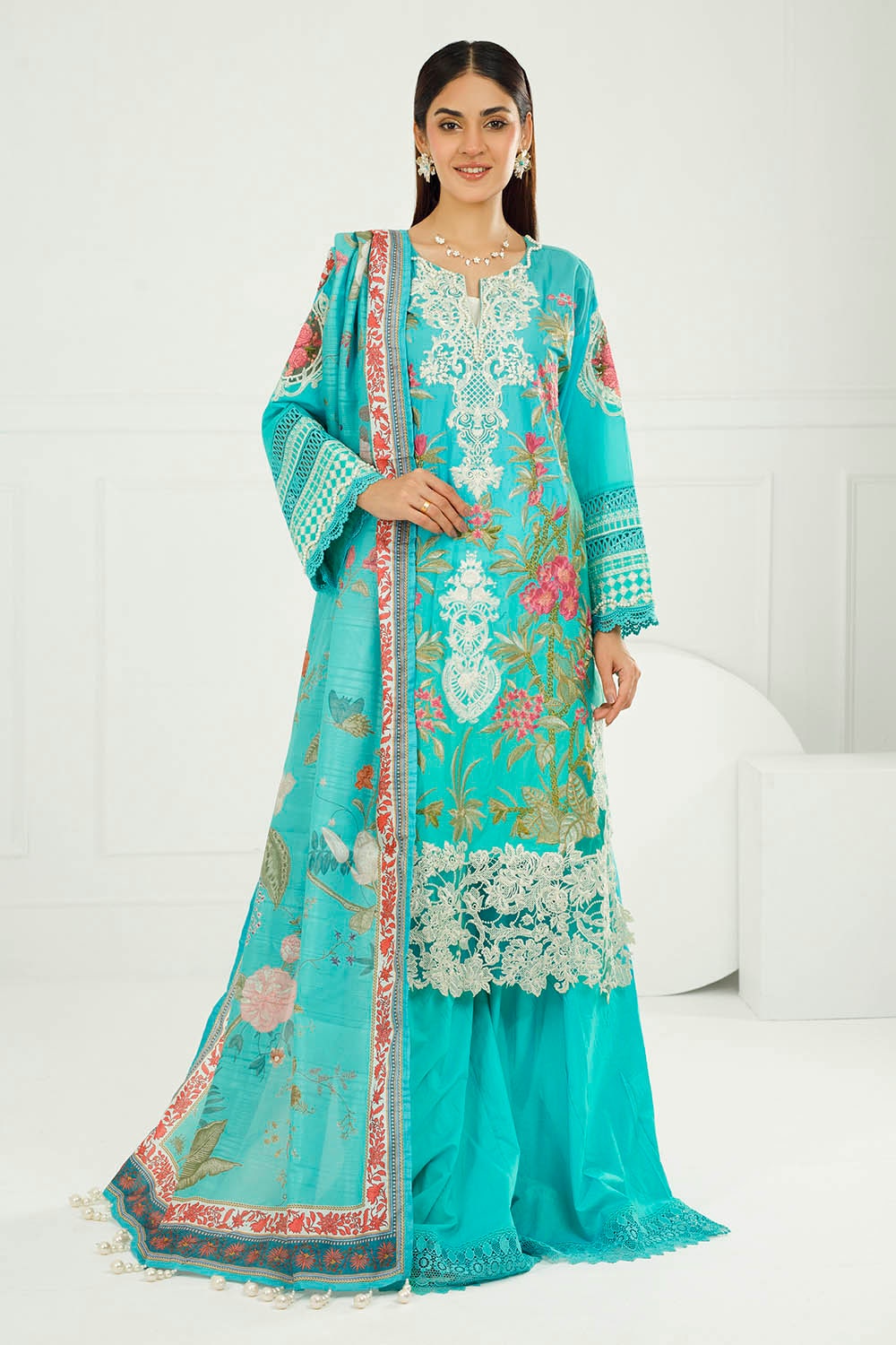 3 Piece Unstitched Embroidered Printed Lawn Suit with Printed Tussar Silk Dupatta