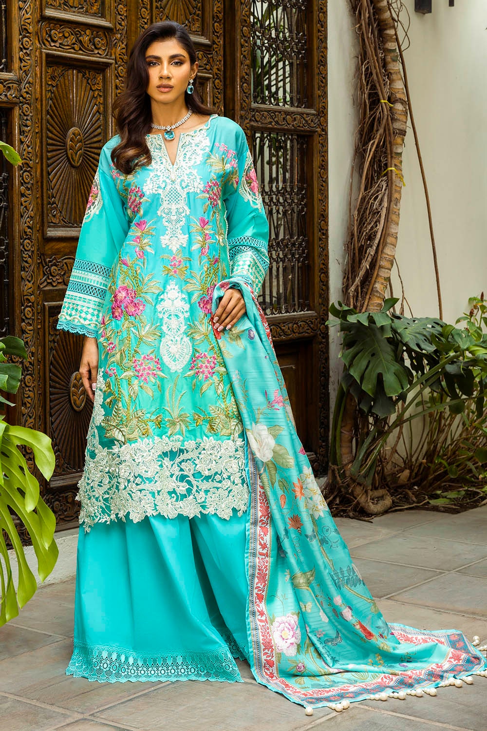 3 Piece Unstitched Embroidered Printed Lawn Suit with Printed Tussar Silk Dupatta