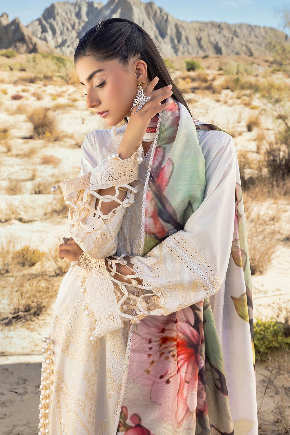 3 Piece Unstitched Embroidered Lawn Suit with Printed Tissue Silk Dupatta
