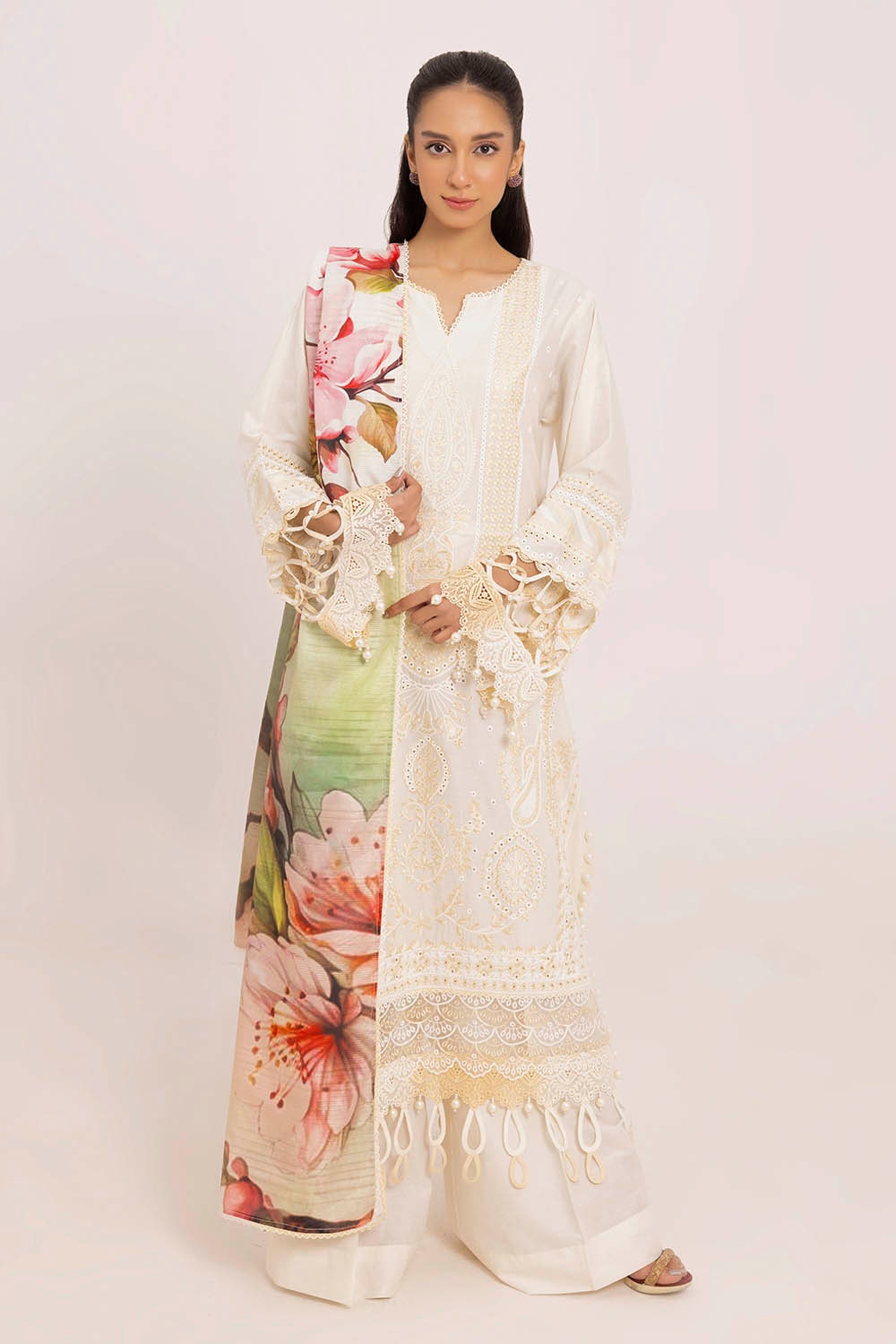 3 Piece Unstitched Embroidered Lawn Suit with Printed Tissue Silk Dupatta