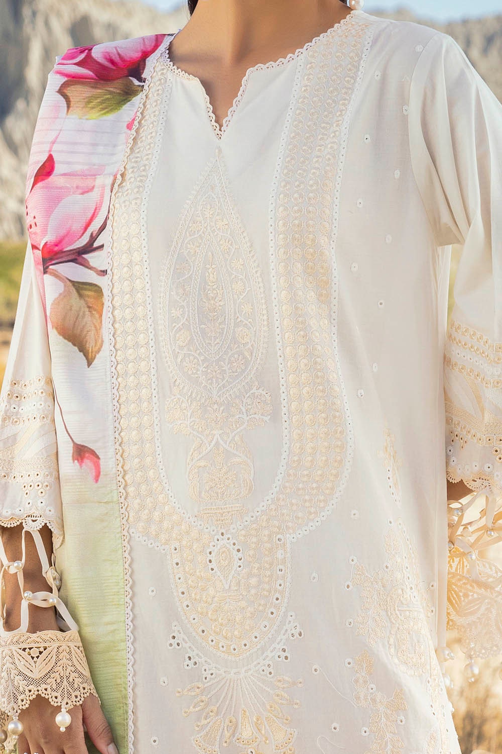 3 Piece Unstitched Embroidered Lawn Suit with Printed Tissue Silk Dupatta