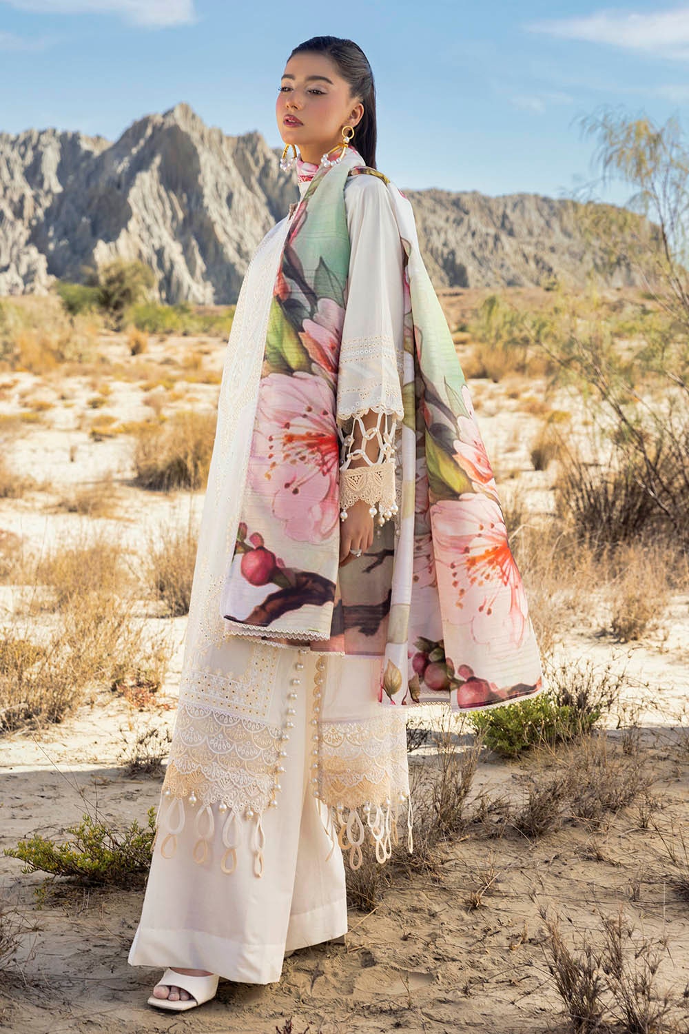 3 Piece Unstitched Embroidered Lawn Suit with Printed Tissue Silk Dupatta