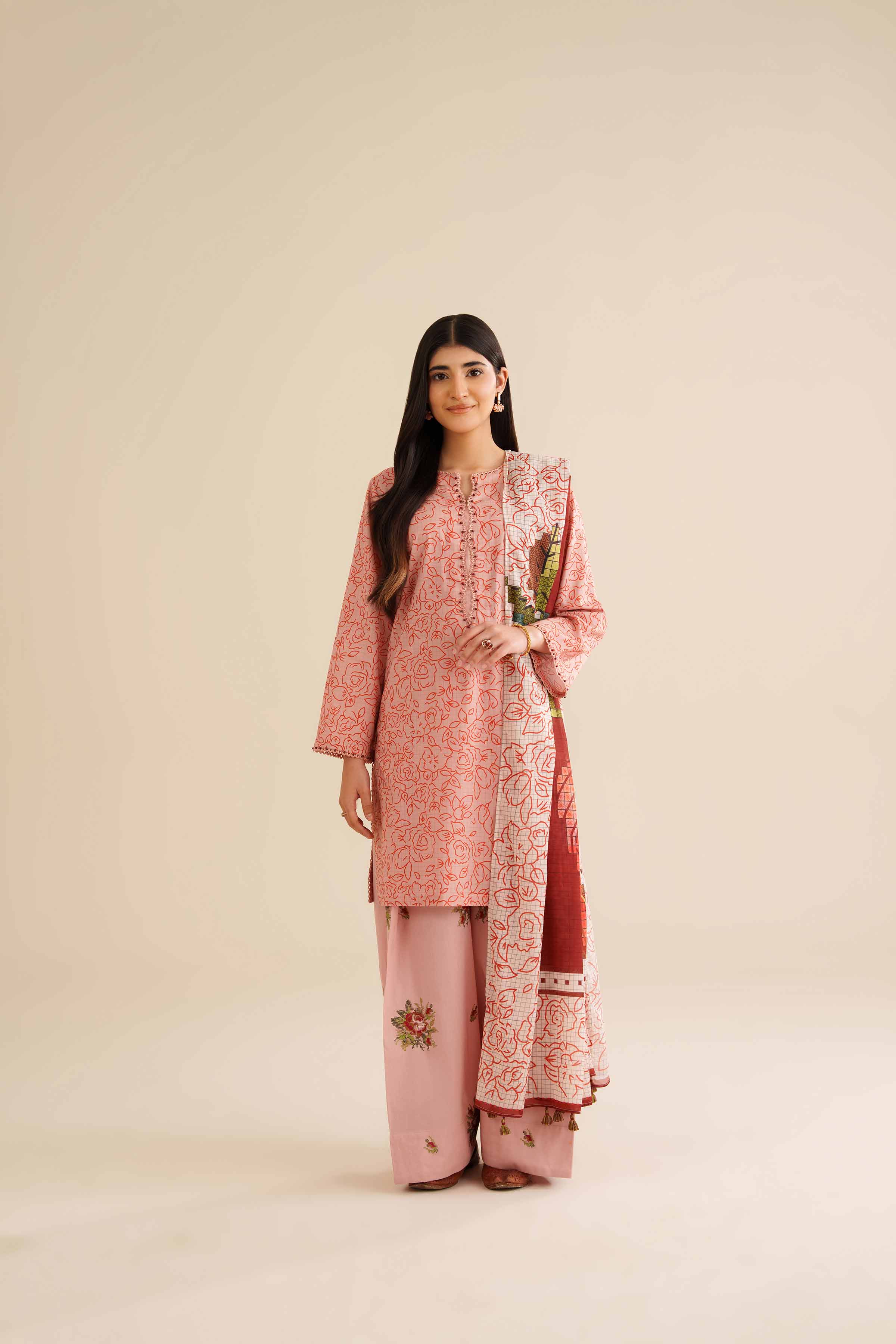 3 Piece - Printed Embroidered Suit - PW25-418