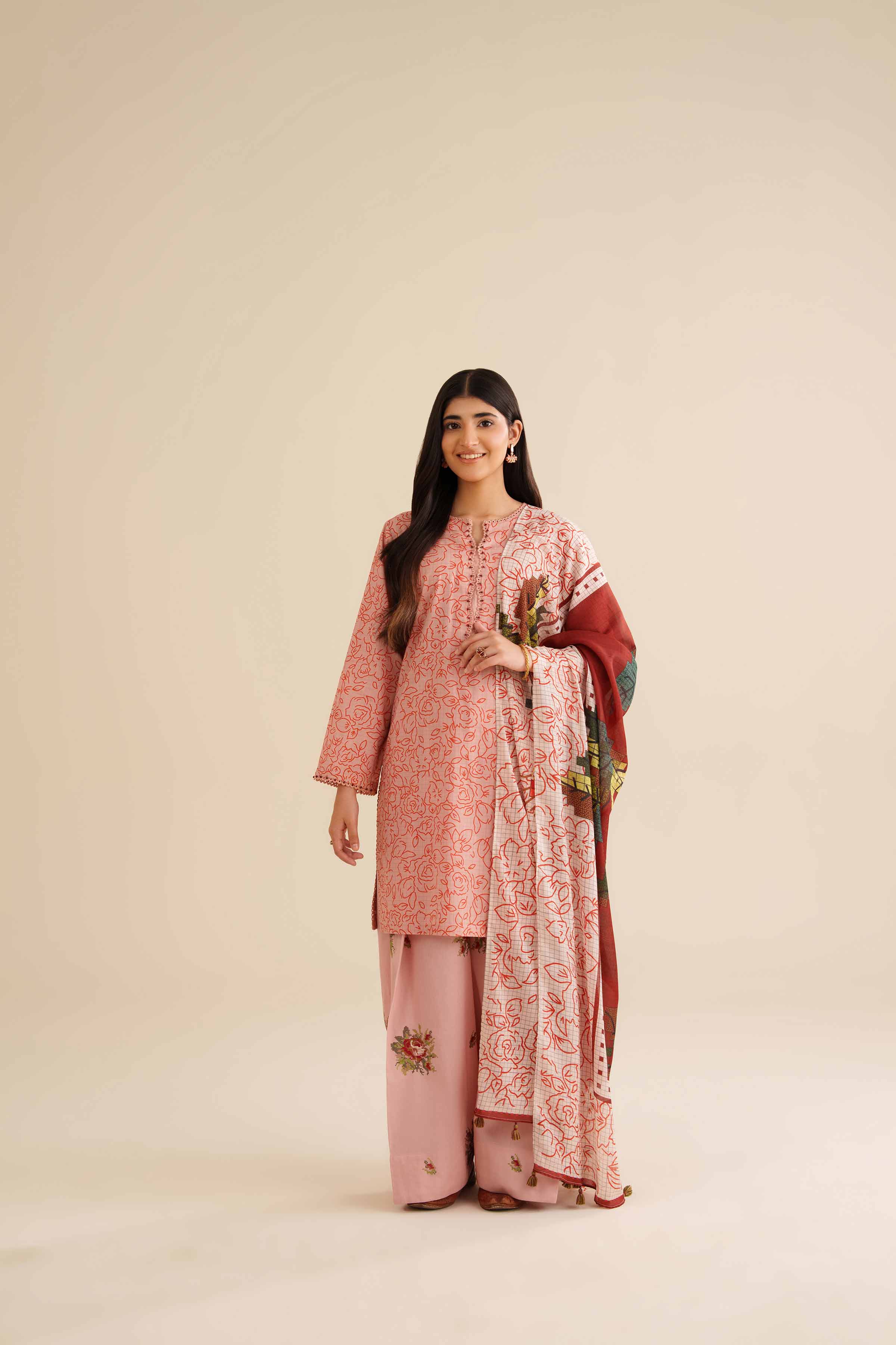 3 Piece - Printed Embroidered Suit - PW25-418