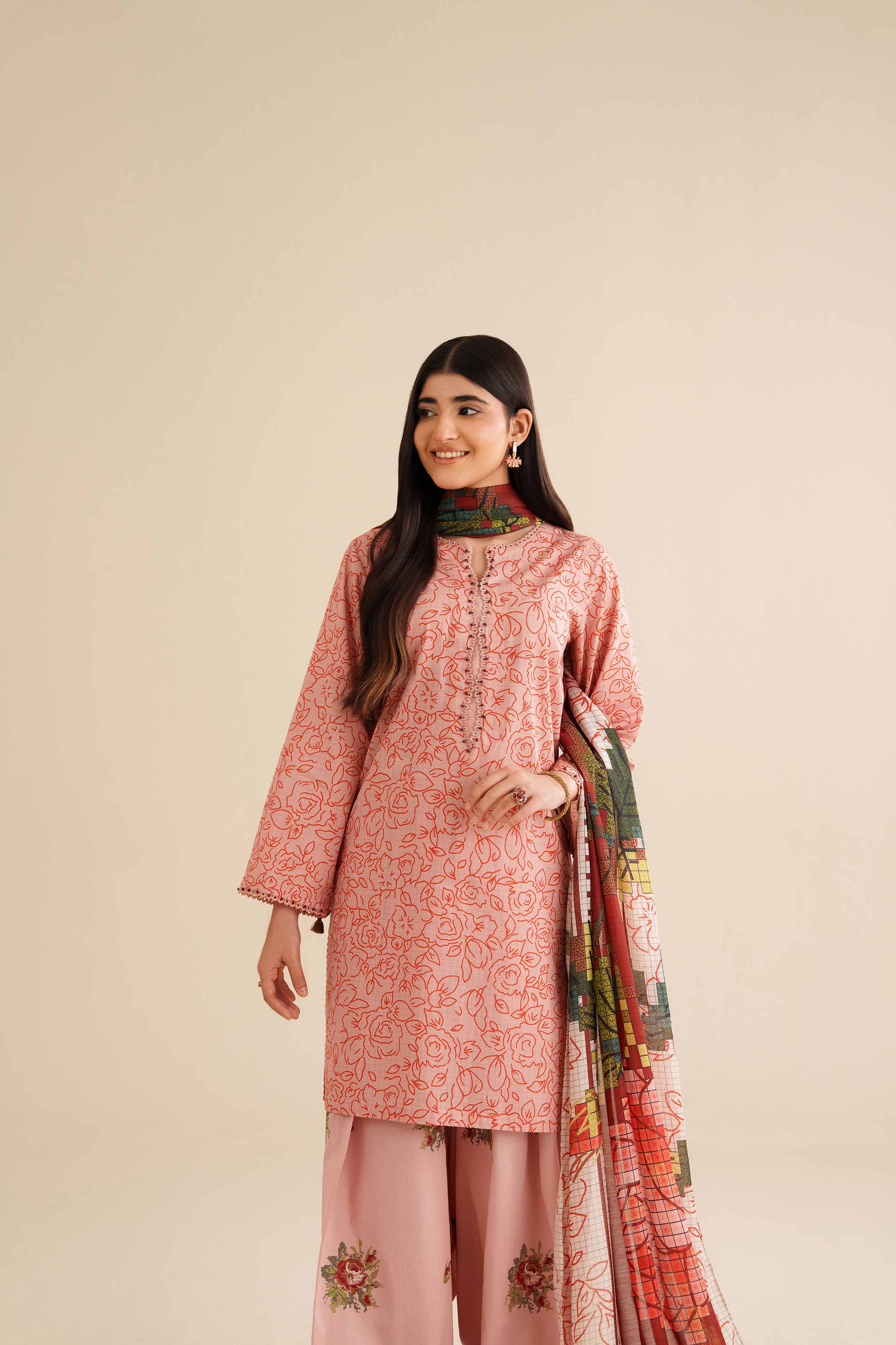 3 Piece - Printed Embroidered Suit - PW25-418