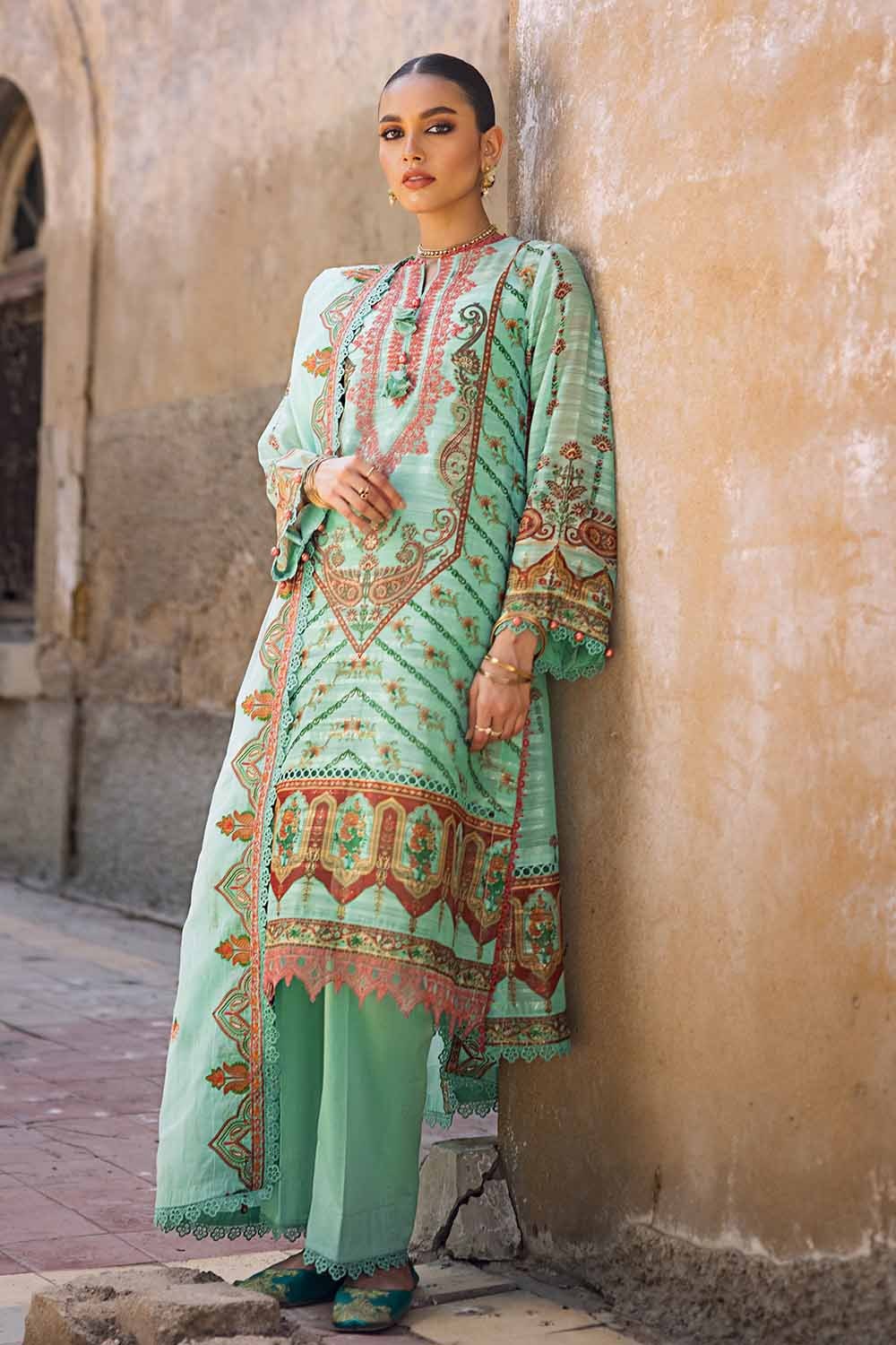 3 Piece Embroidered Digital Printed Paper Cotton Sequins Unstitched Suit with Embroidered Stripe Cotton Silk Dupatta