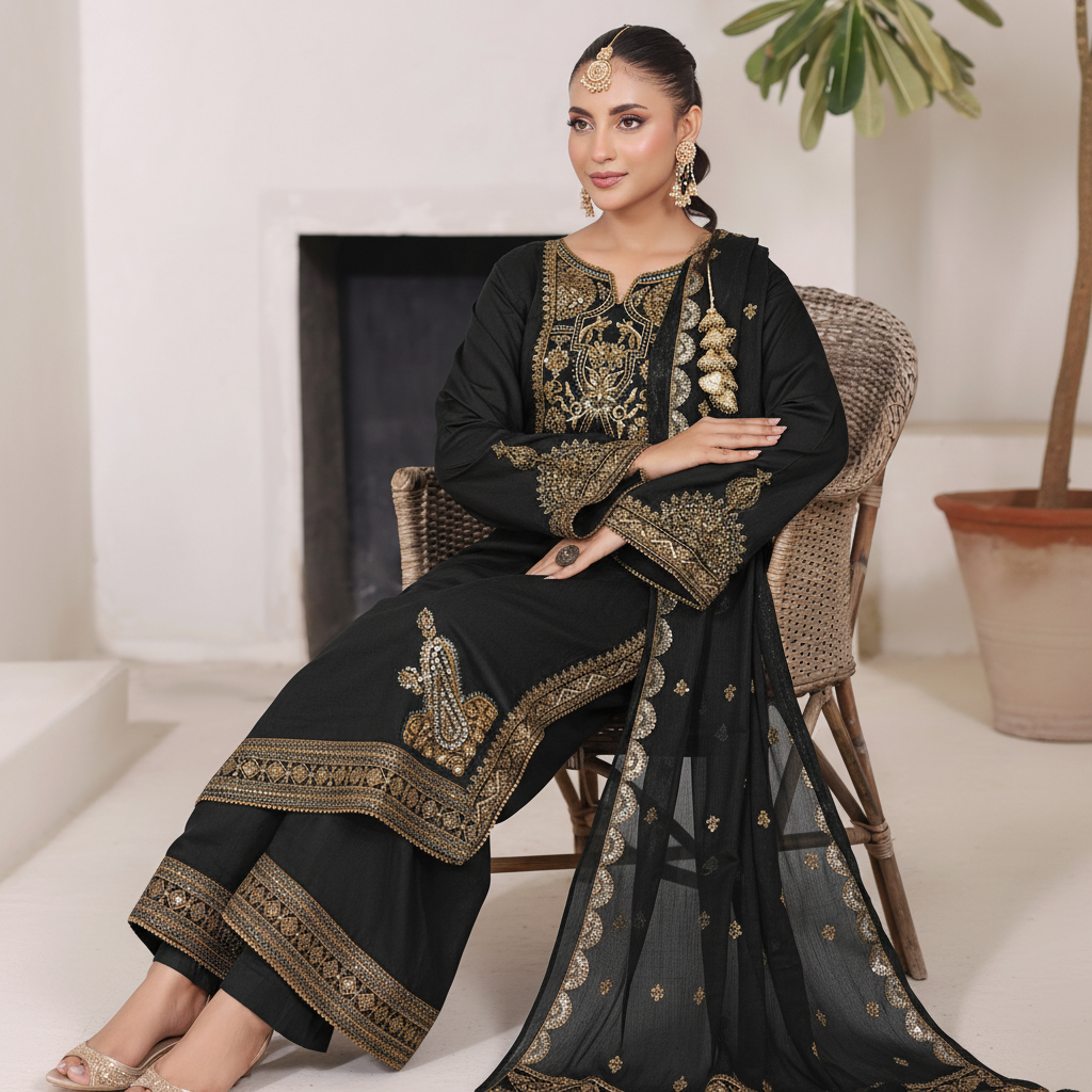 Black Gold Maherposh Suit | Luxury Embroidered Lawn Pret 3 Piece