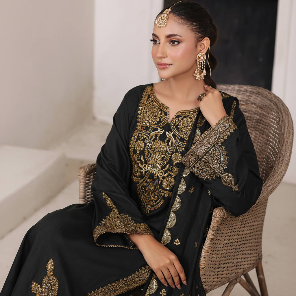 Black Gold Maherposh Suit | Luxury Embroidered Lawn Pret 3 Piece