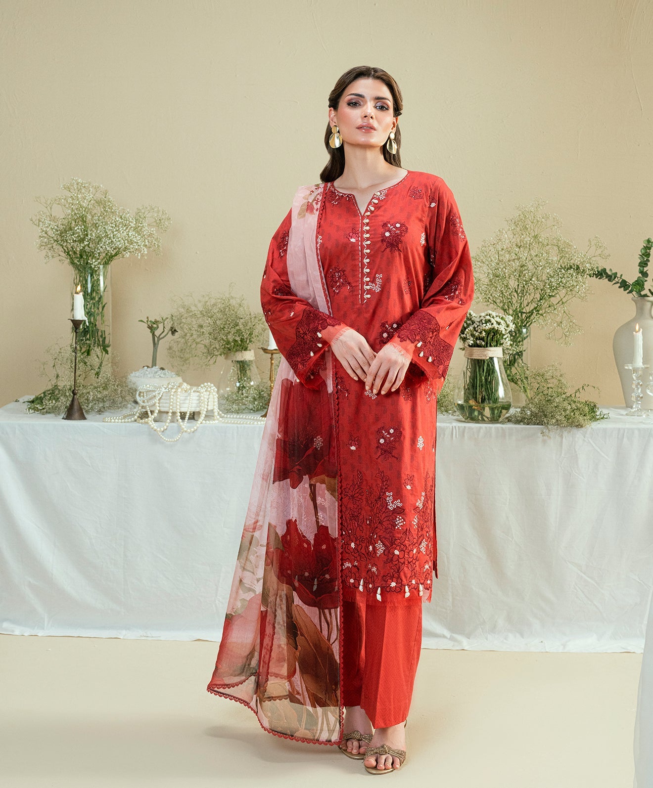 KUNEP-3P-001 RED-LAWN UNSTITCHED 3PC