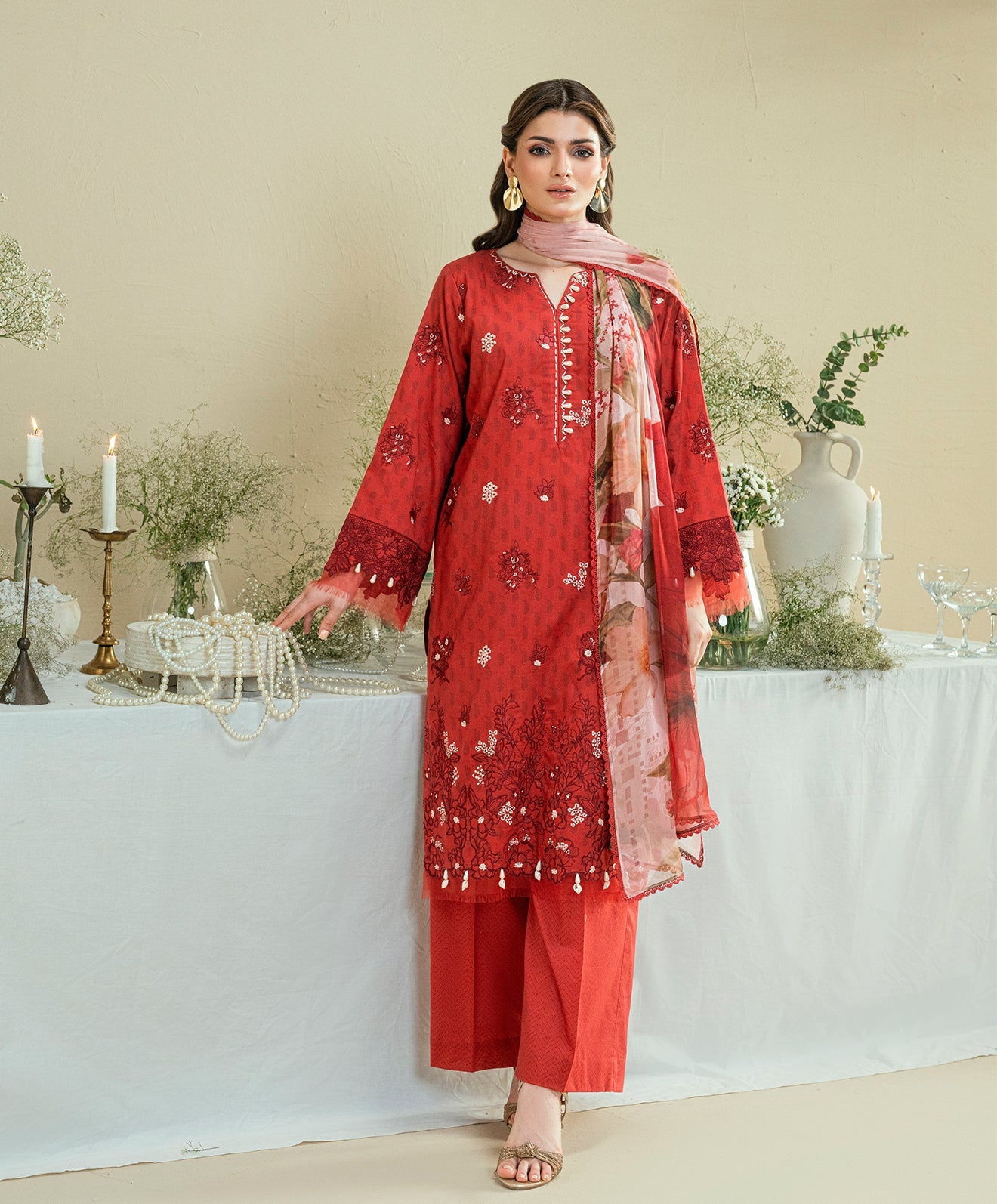 KUNEP-3P-001 RED-LAWN UNSTITCHED 3PC