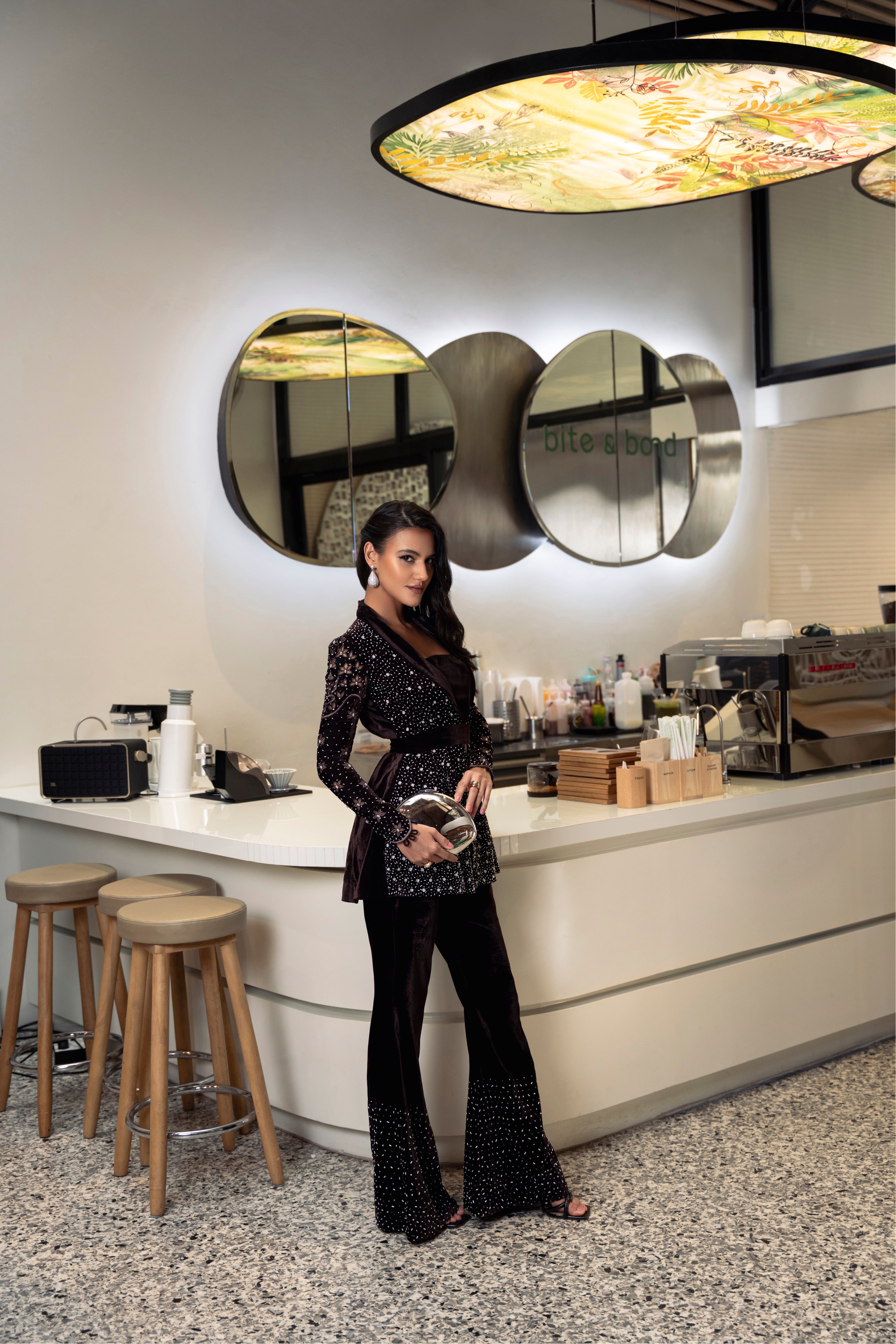 Reva Velvet Designer Set by Mysie by Tahira - Brown Velvet Winter Outfit for Women