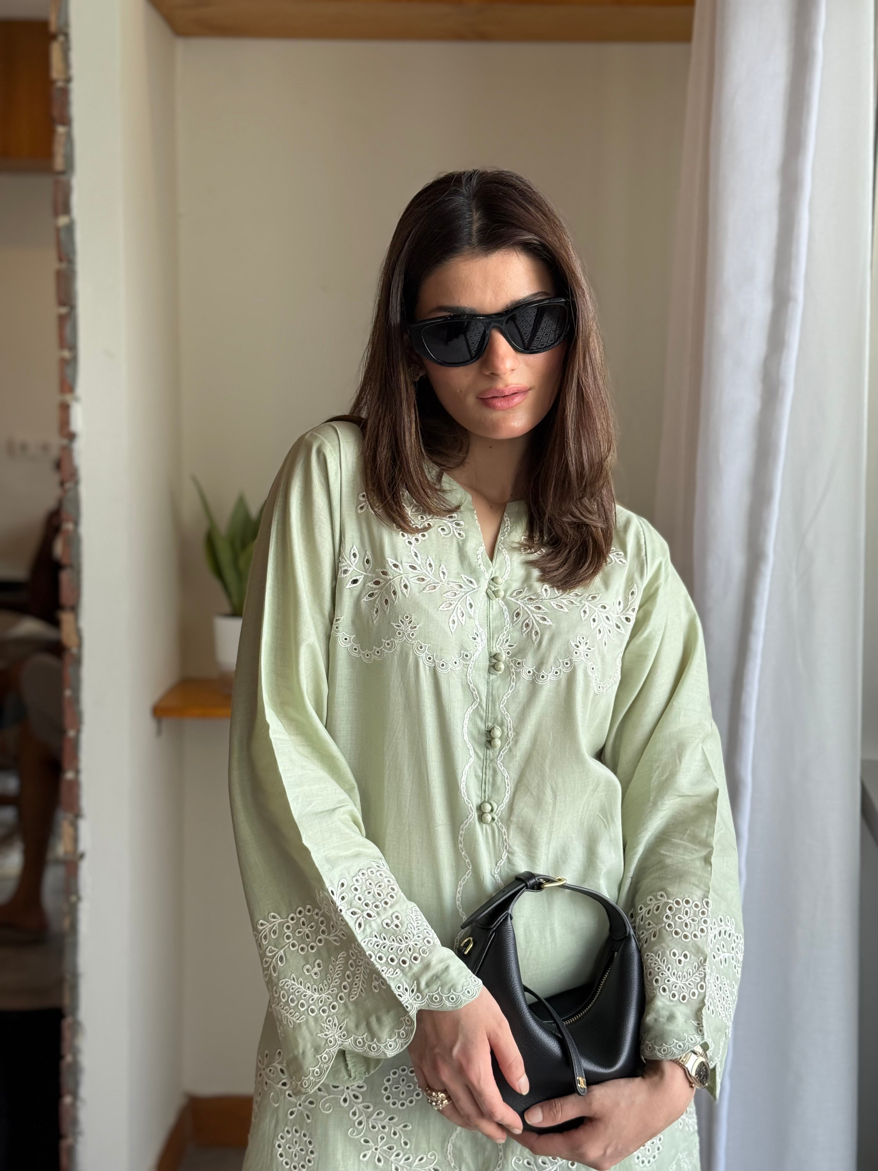 Mint Whisper - Sage Green Schiffli CO-ORD Set