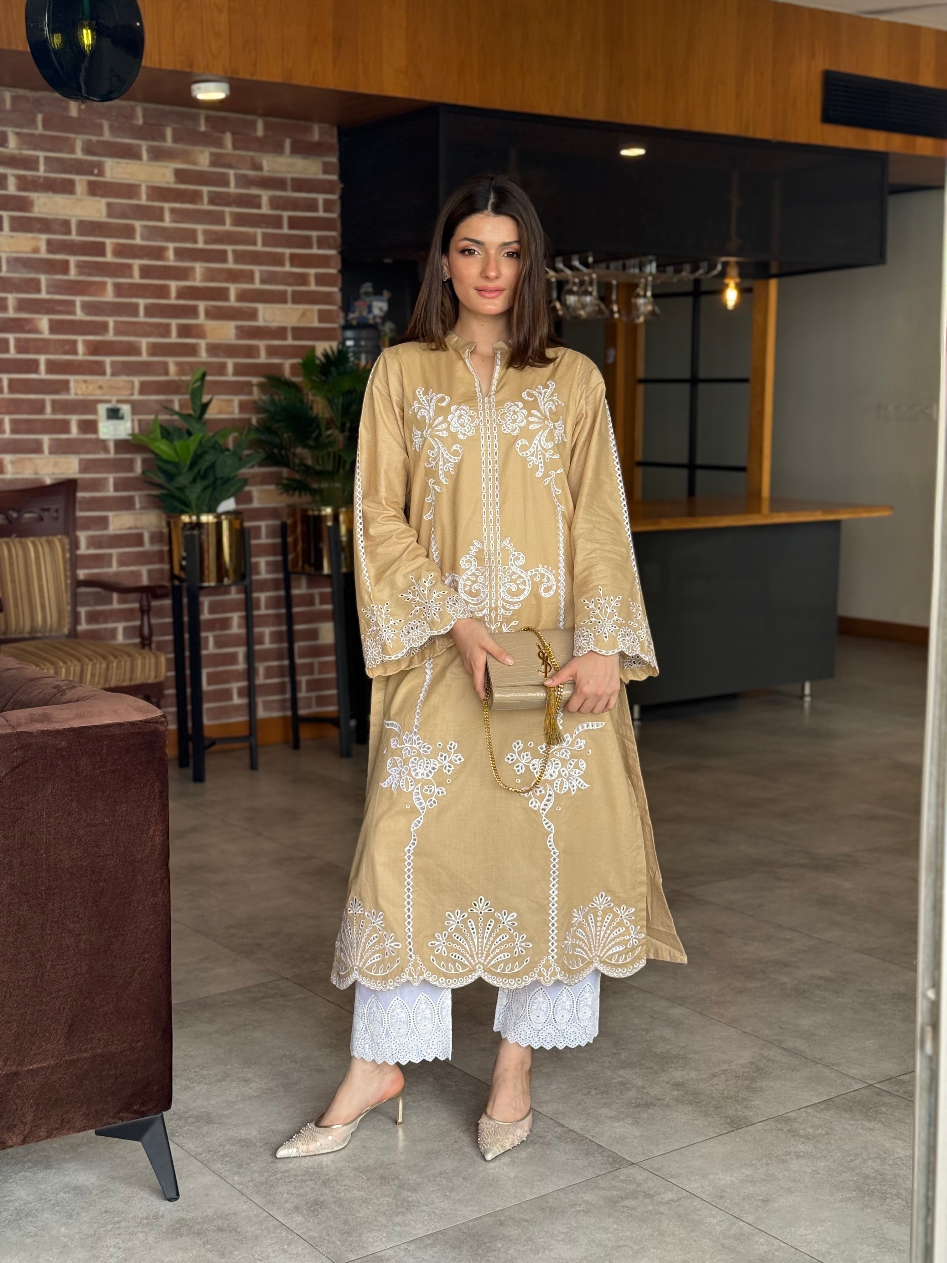 Sandstone Grace - Beige Schiffli Embroidered Kurta