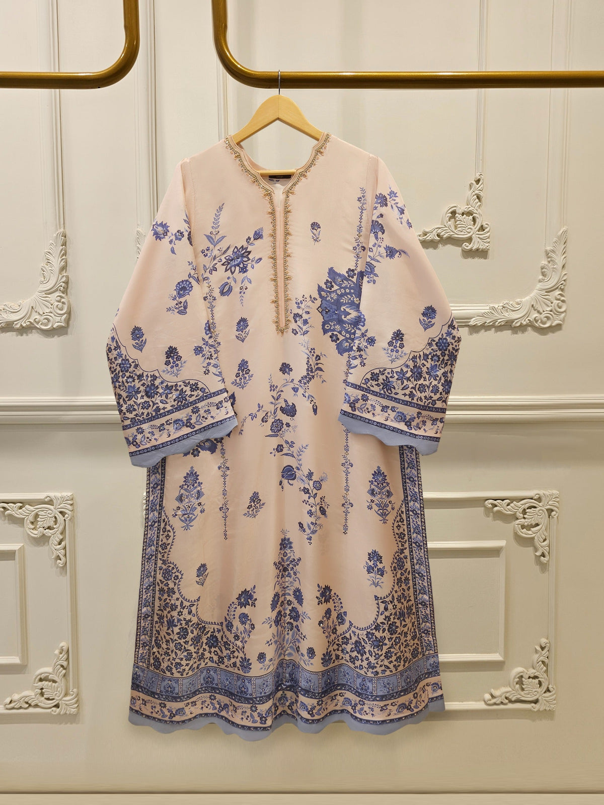 2 Piece Pure Printed Khaddi Silk – Peach & Blue Floral Suit S115547