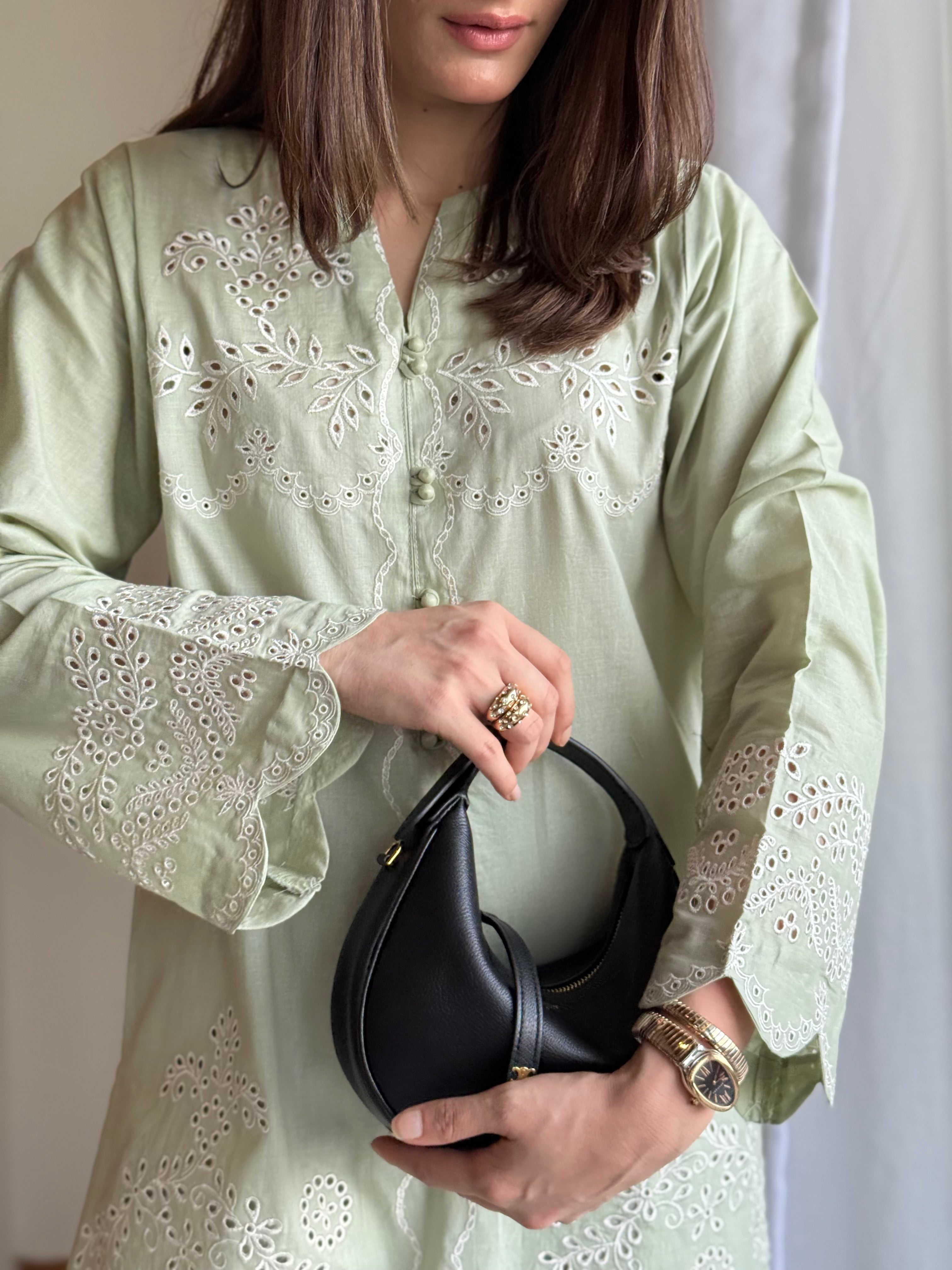 Mint Whisper - Sage Green Schiffli CO-ORD Set