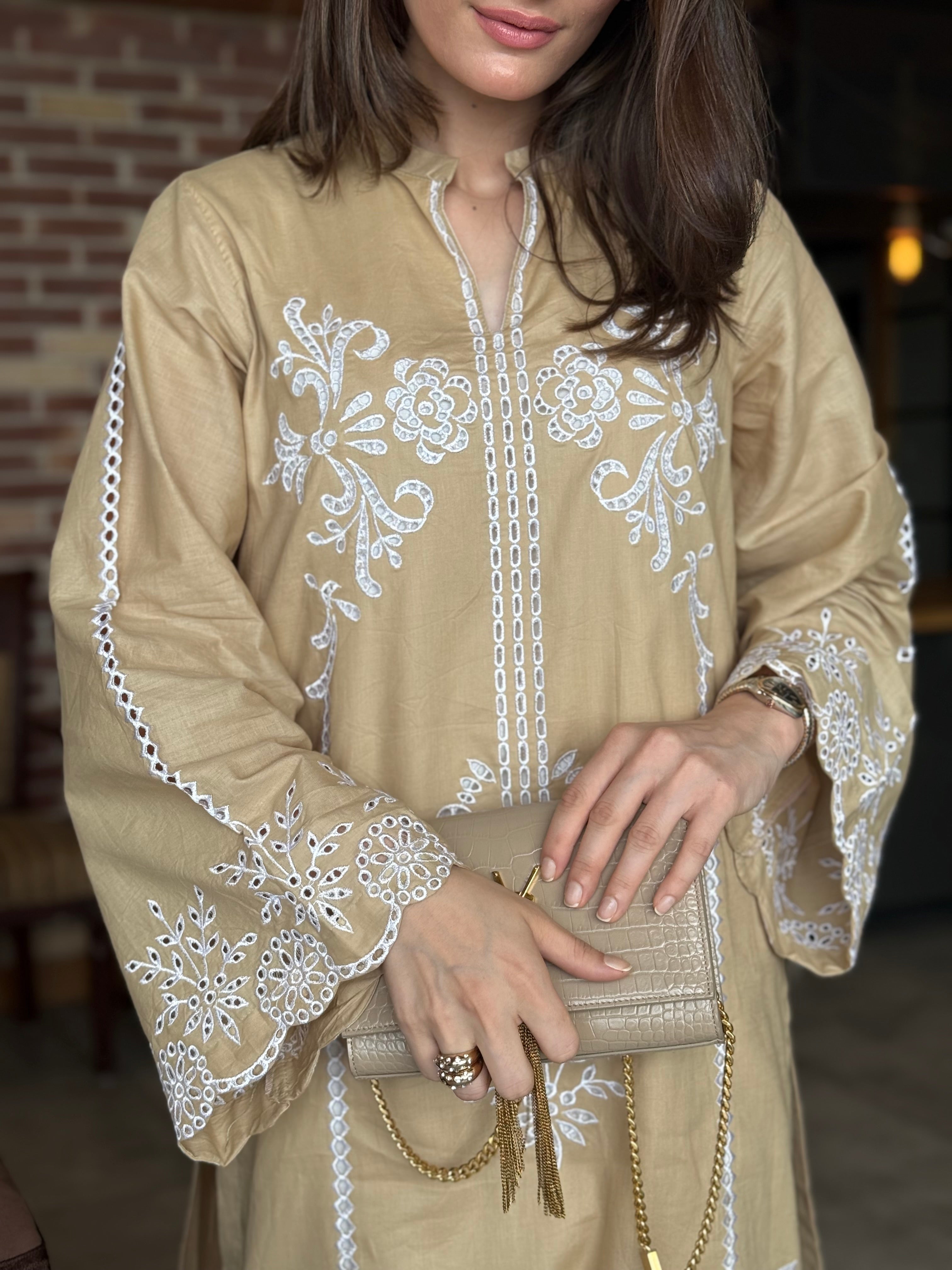 Sandstone Grace - Beige Schiffli Embroidered Kurta